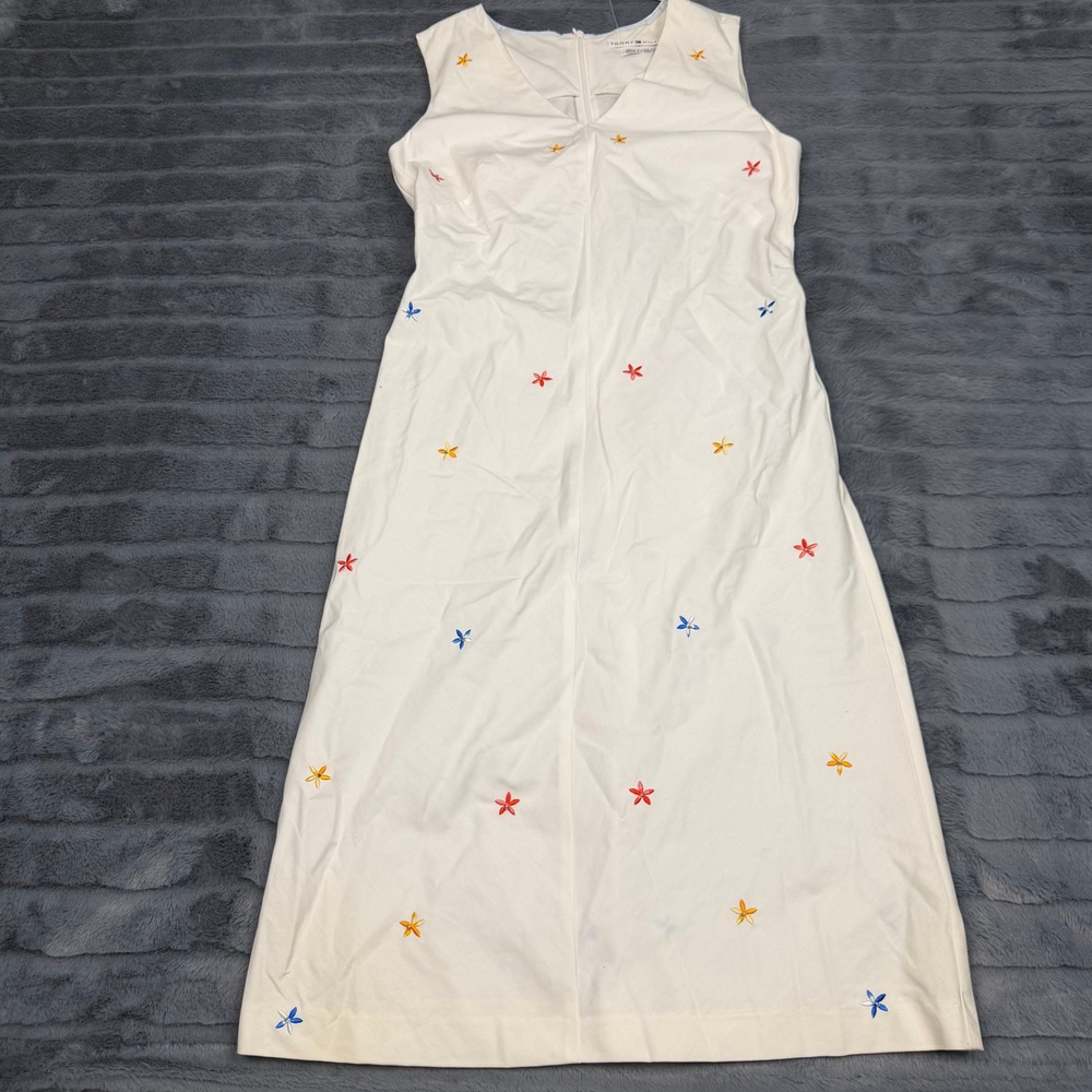 Tommy Hilfiger White Cotton Embroidered Floral Midi Dress V-Neck Sleeveless Sz 4